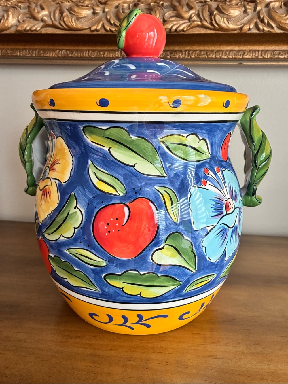Hand-Painted Ceramic Cookie Jar with Fruit & Floral Motif - Blue, Red, Yellow